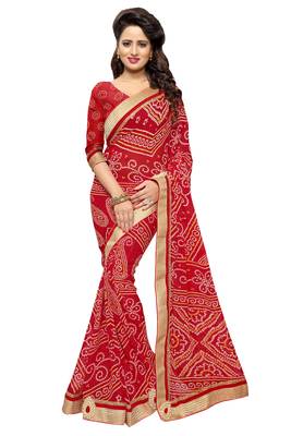 Red printed georgette saree with blouse 1