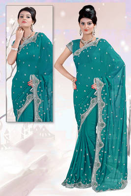 Turquoise embroidered georgette saree with blouse 1