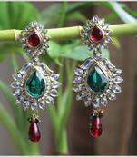 Crystal Stone Encrusted Dangler Earrings with Green and Maroon Stone