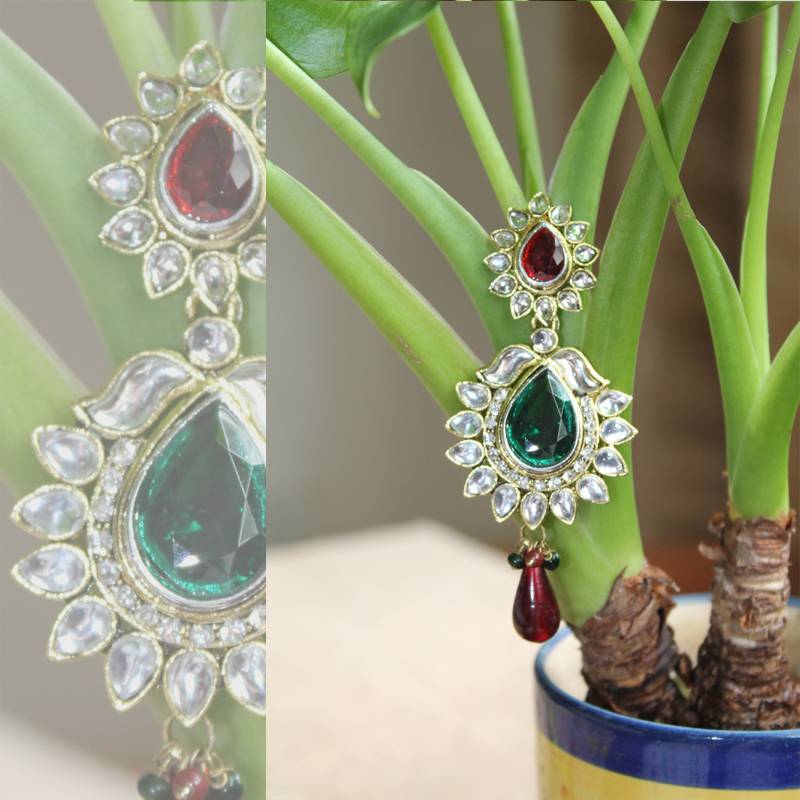 Crystal Stone Encrusted Dangler Earrings with Green and Maroon Stone