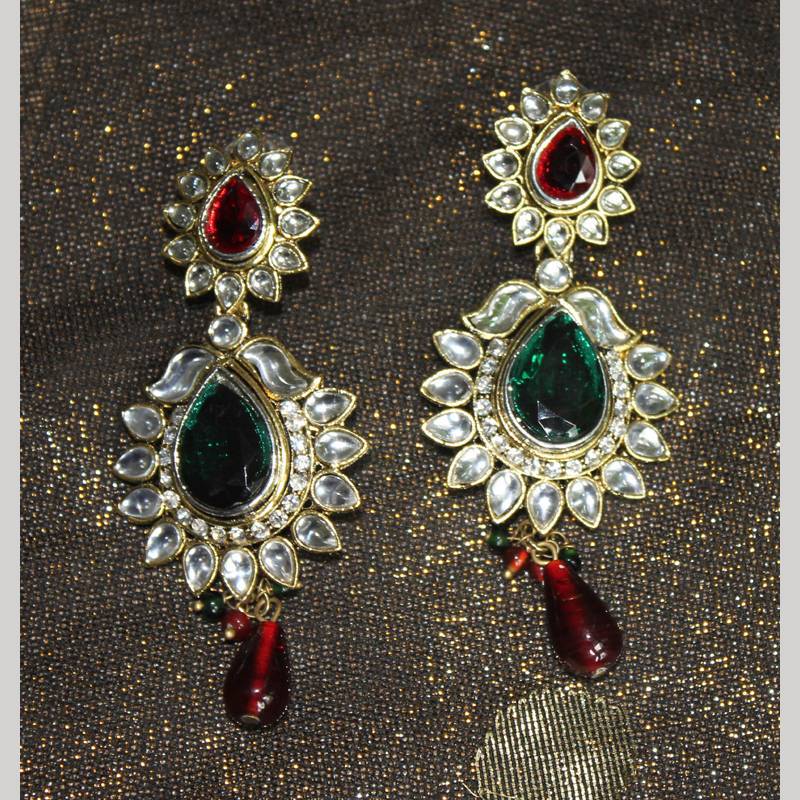 Crystal Stone Encrusted Dangler Earrings with Green and Maroon Stone