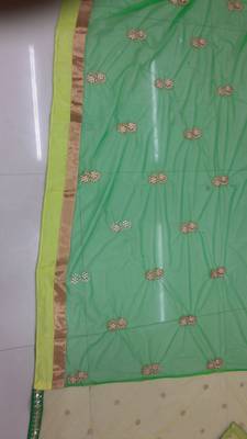Yellow And Green Embroidered Net Saree With Blouse 4
