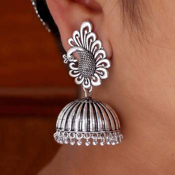 Beautiful Oxidised Silver Tone Peacock Stud Jhumka Earrings 2