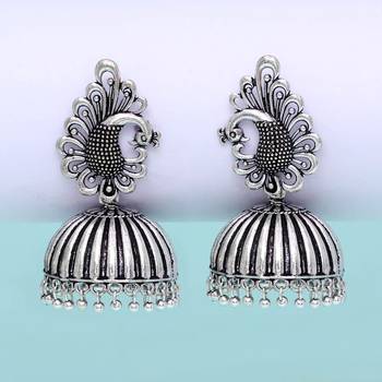 Beautiful Oxidised Silver Tone Peacock Stud Jhumka Earrings 3
