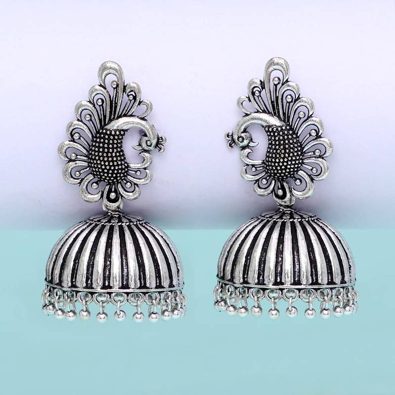 Beautiful Oxidised Silver Tone Peacock Stud Jhumka Earrings