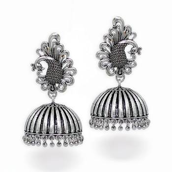 Beautiful Oxidised Silver Tone Peacock Stud Jhumka Earrings 1