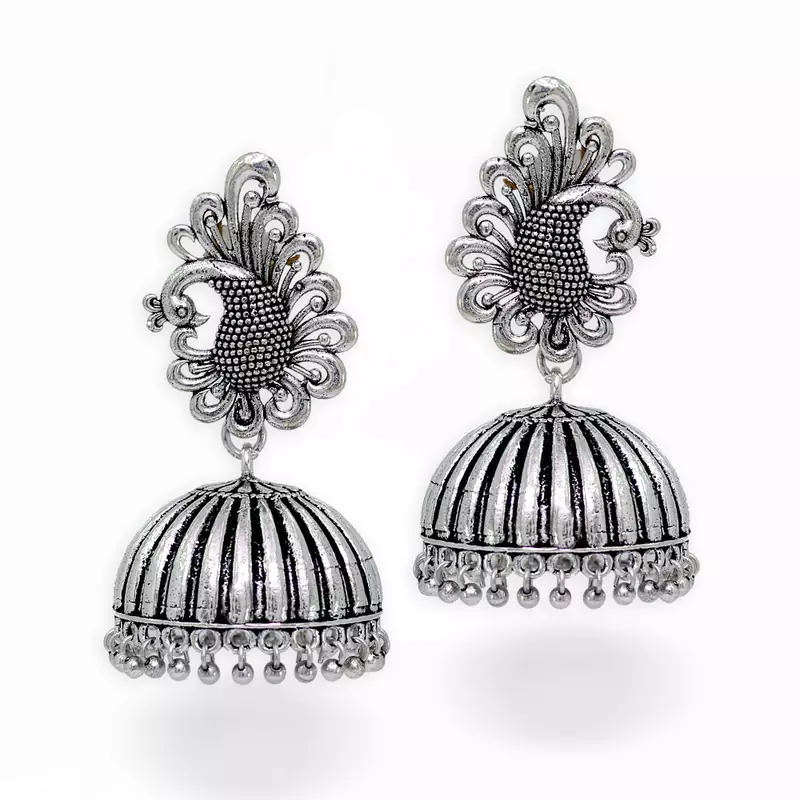 Beautiful Oxidised Silver Tone Peacock Stud Jhumka Earrings