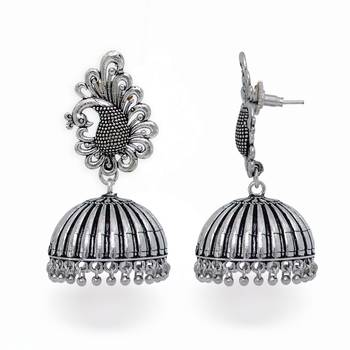 Beautiful Oxidised Silver Tone Peacock Stud Jhumka Earrings 4