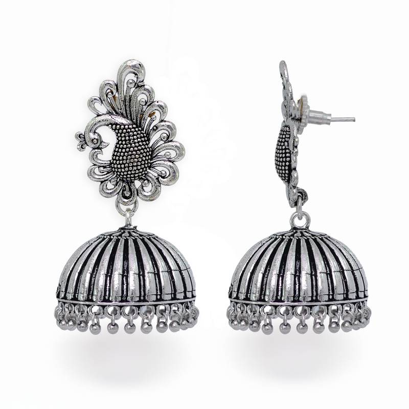 Beautiful Oxidised Silver Tone Peacock Stud Jhumka Earrings