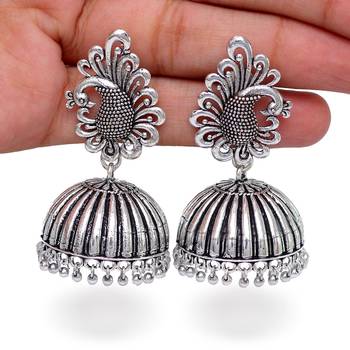 Beautiful Oxidised Silver Tone Peacock Stud Jhumka Earrings 5