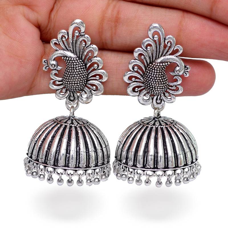 Beautiful Oxidised Silver Tone Peacock Stud Jhumka Earrings