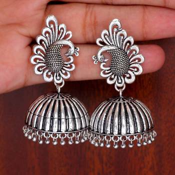 Beautiful Oxidised Silver Tone Peacock Stud Jhumka Earrings 6