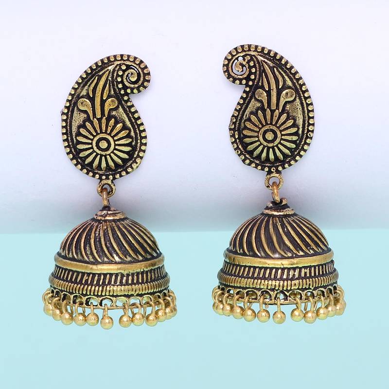 Gold Tone Oxidised Office Wear Jaipuri TraditionalJhumka Earrings