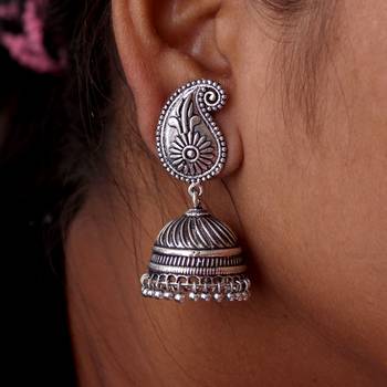 Silver Tone Oxidised Office Wear Jaipuri TraditionalJhumka Earrings 2
