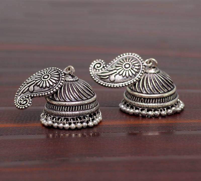 Silver Tone Oxidised Office Wear Jaipuri TraditionalJhumka Earrings