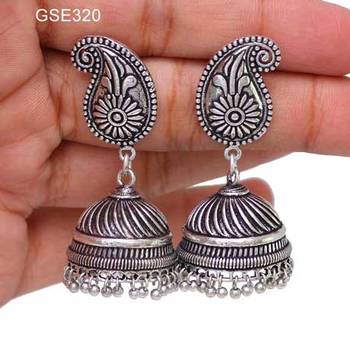 Silver Tone Oxidised Office Wear Jaipuri TraditionalJhumka Earrings 4