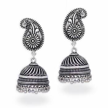 Silver Tone Oxidised Office Wear Jaipuri TraditionalJhumka Earrings 1