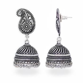Silver Tone Oxidised Office Wear Jaipuri TraditionalJhumka Earrings 5