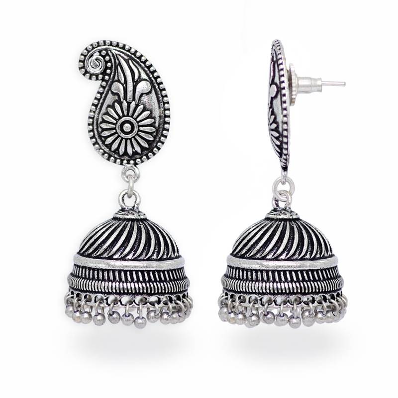Silver Tone Oxidised Office Wear Jaipuri TraditionalJhumka Earrings