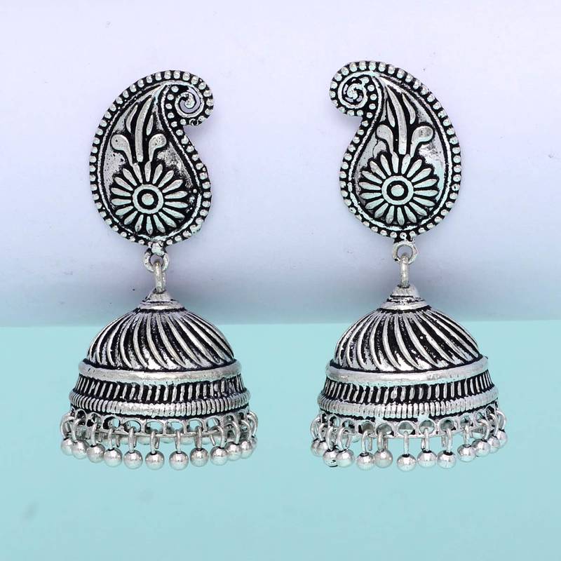 Silver Tone Oxidised Office Wear Jaipuri TraditionalJhumka Earrings
