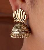 Gold Tone Lotus Design Stud Jhumki Earrings For Party Function