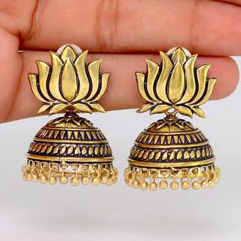 Gold Tone Lotus Design Stud Jhumki Earrings For Party Function 2