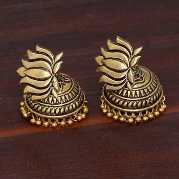 Gold Tone Lotus Design Stud Jhumki Earrings For Party Function 3