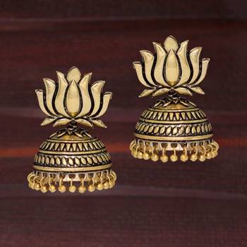Gold Tone Lotus Design Stud Jhumki Earrings For Party Function 4