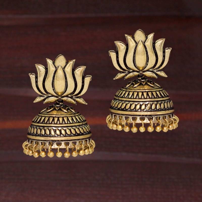 Gold Tone Lotus Design Stud Jhumki Earrings For Party Function