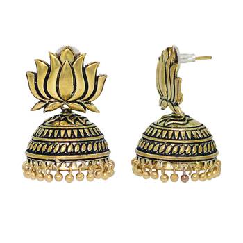 Gold Tone Lotus Design Stud Jhumki Earrings For Party Function 6