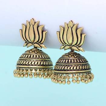 Gold Tone Lotus Design Stud Jhumki Earrings For Party Function 7