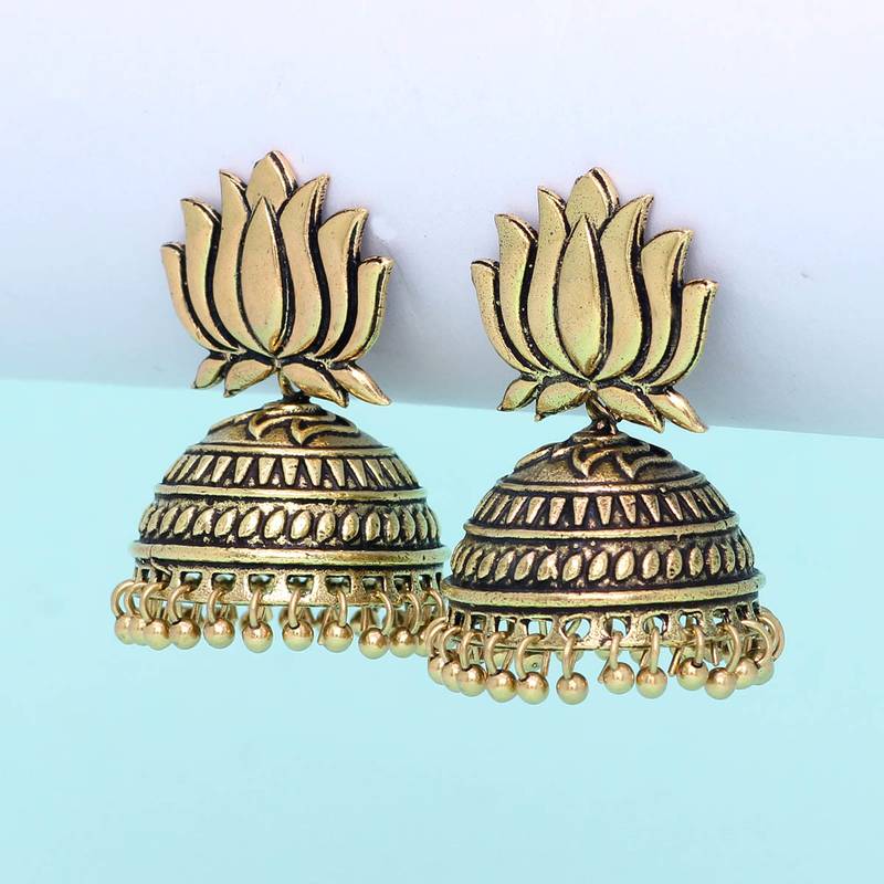 Gold Tone Lotus Design Stud Jhumki Earrings For Party Function