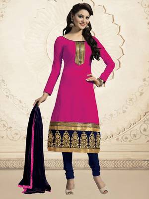 Pink embroidered chanderi unstitched salwar with dupatta 1