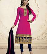 Pink embroidered chanderi unstitched salwar with dupatta