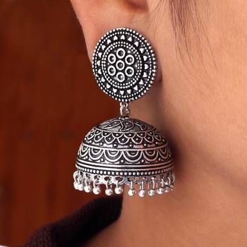 Handmade Oxidised Silver Tone Jhumka Earrings 2