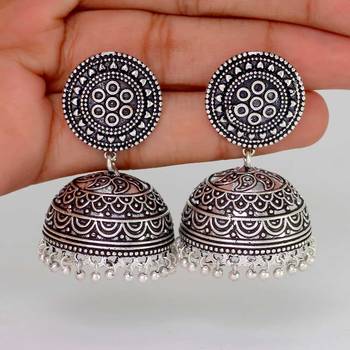 Handmade Oxidised Silver Tone Jhumka Earrings 3