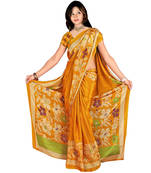 Golden printed crepe saree with blouse