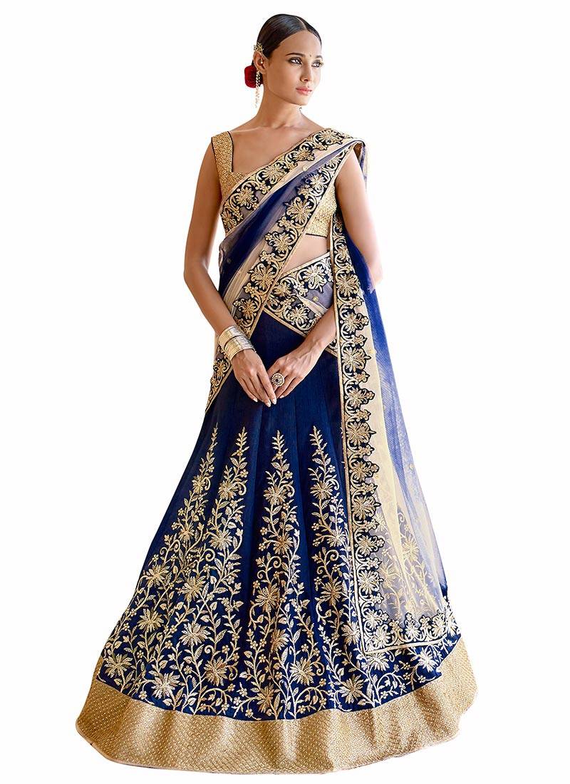 Blue embroidered art silk unstitched lehenga
