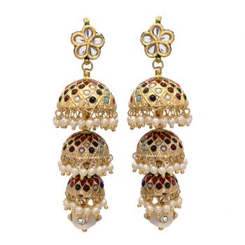 Multicolor Jadau Enamel Work Pearl  Jhumki 1