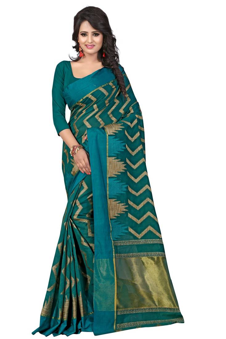 Green printed cotton silk saree with blouse