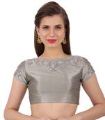 silver boat neck raw silk ready made blouse