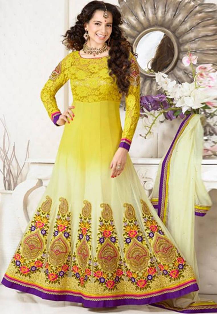 Yellow color designer semi stitched embroidered anarkali suit