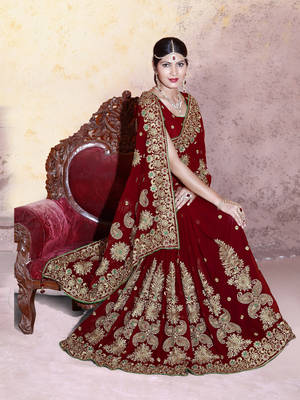 Maroon embroidered faux georgette saree with blouse 1