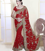 Red embroidered faux georgette saree with blouse