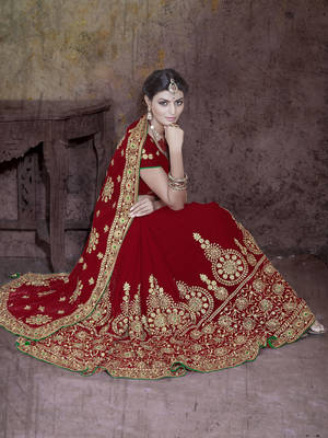 Red embroidered faux georgette saree with blouse 1