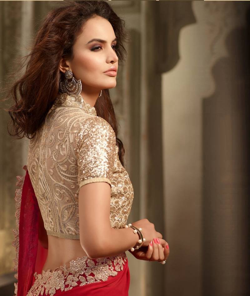 Red and Gold Triangle Impression Georgette Saree with Blouse Fabric