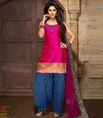 Pink plain art silk unstitched indian punjabi suit with dupatta