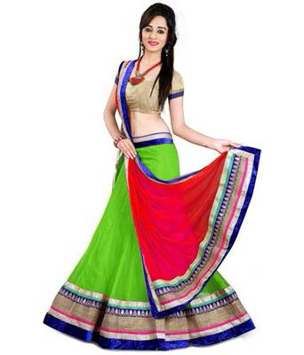 Green and Red embroidred Metti unstitched lehenga 1