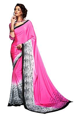 Pink printed crepe saree with blouse 1