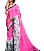 Pink printed crepe saree with blouse